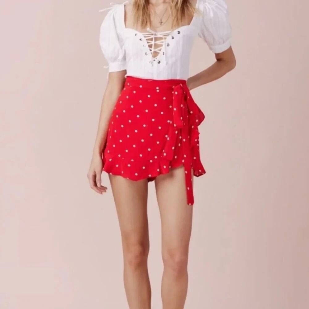 For Love & Lemons Natalia Dot Wrap Skort Shorts in Red White Large